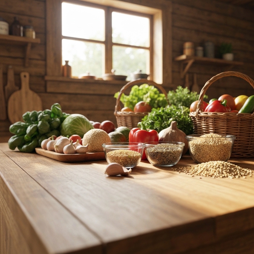 Fresh vegetables and grains arranged on a wooden table in a rustic kitchen.