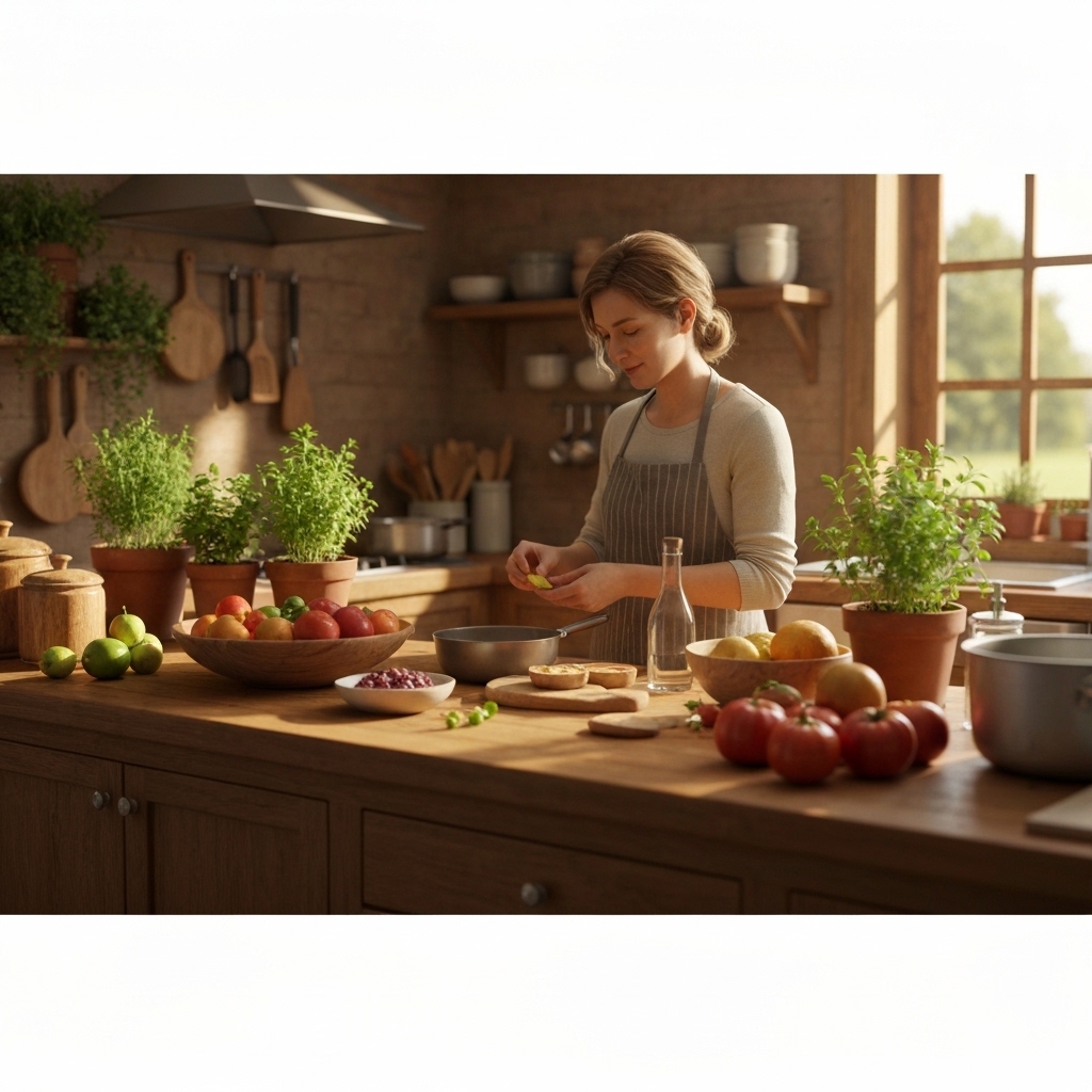 Woman cooking in a modern kitchen with fresh ingredients.