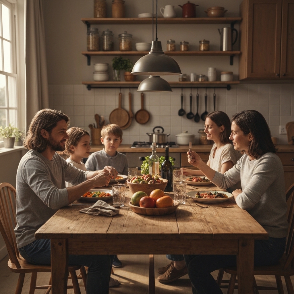Family enjoying dinner together at a rustic kitchen table.