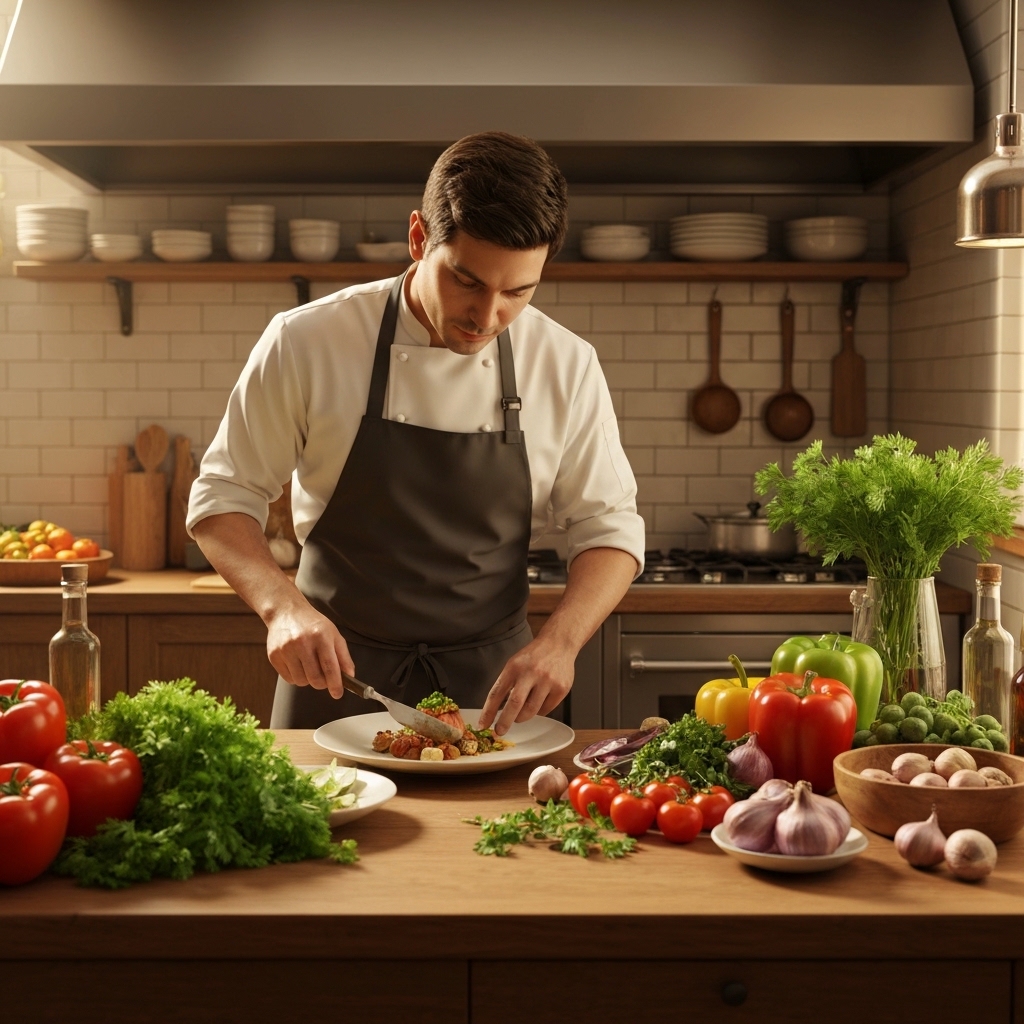 Chef plating a gourmet dish in a modern kitchen with fresh vegetables.